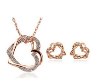 Yiwu Fashion Jewelry Factory Jewelry Customized Double Diamond Heart Necklace Earring Set (Option: Golden)