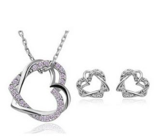 Yiwu Fashion Jewelry Factory Jewelry Customized Double Diamond Heart Necklace Earring Set (Option: Sliver)