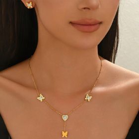 Lxalry 18K Gold Plated Stainless Steel Butterfly & Heart Jewelry Set For Women - Waterproof Hypoallergenic Necklace & Earrings, Elegant Gift For (Option: HWCSHD34)