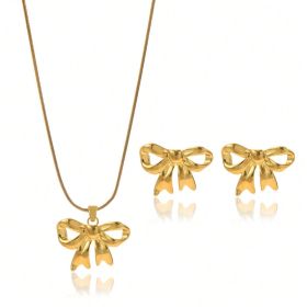 Lxalry 18K Gold Plated Stainless Steel Bow Jewelry Set For Women - Cute Waterproof Necklace & Earrings, Hypoallergenic, Elegant Gift For Birthday (Option: HWCSHD27)