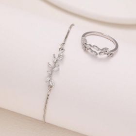 2pcs Fashion Silver Horse Eye Crystal Zircon Leaf Bracelet And Ring,Pulling Bracelet Suitable For Women's Daily Holiday Outfits (Option: Silvery)