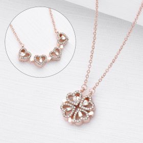 Retro Magnetic Folding Heart Shaped Four Leaf Clover Pendant Necklace Women Love Clavicle Chain Gifts Openable Choker Jewelry (Option: Rose Gold-1PC)