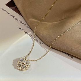 Retro Magnetic Folding Heart Shaped Four Leaf Clover Pendant Necklace Women Love Clavicle Chain Gifts Openable Choker Jewelry (Option: Gold-1PC)