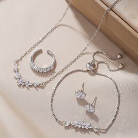 Simple Elegant Zircon Inlaid Jewelry Set Silver Flower Necklace Exquisite Earrings Bracelet Ring Suitable For Women's Daily Holiday Wear (Option: Silvery)
