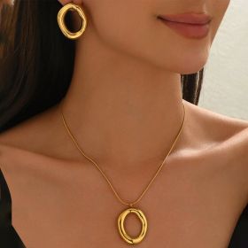 Lxalry 18K Gold Plated Stainless Steel Oval Pendant Jewelry Set For Women - Minimalist Elegant Necklace & Earrings, Hypoallergenic, Waterproof, T (Option: HWCSYQ25)