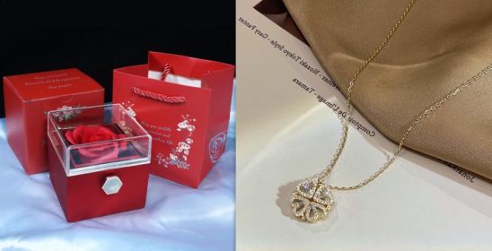 Retro Magnetic Folding Heart Shaped Four Leaf Clover Pendant Necklace Women Love Clavicle Chain Gifts Openable Choker Jewelry (Option: Gold set-1PC)