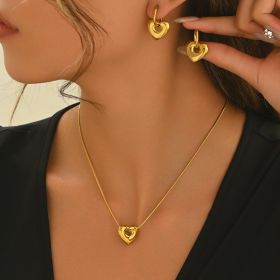 Lxalry 18K Gold Plated Stainless Steel Heart Pendant Necklace And Hoop Earrings Set For Women - Waterproof Hypoallergenic Elegant Gift For Girlfr (Option: HWCSX4)